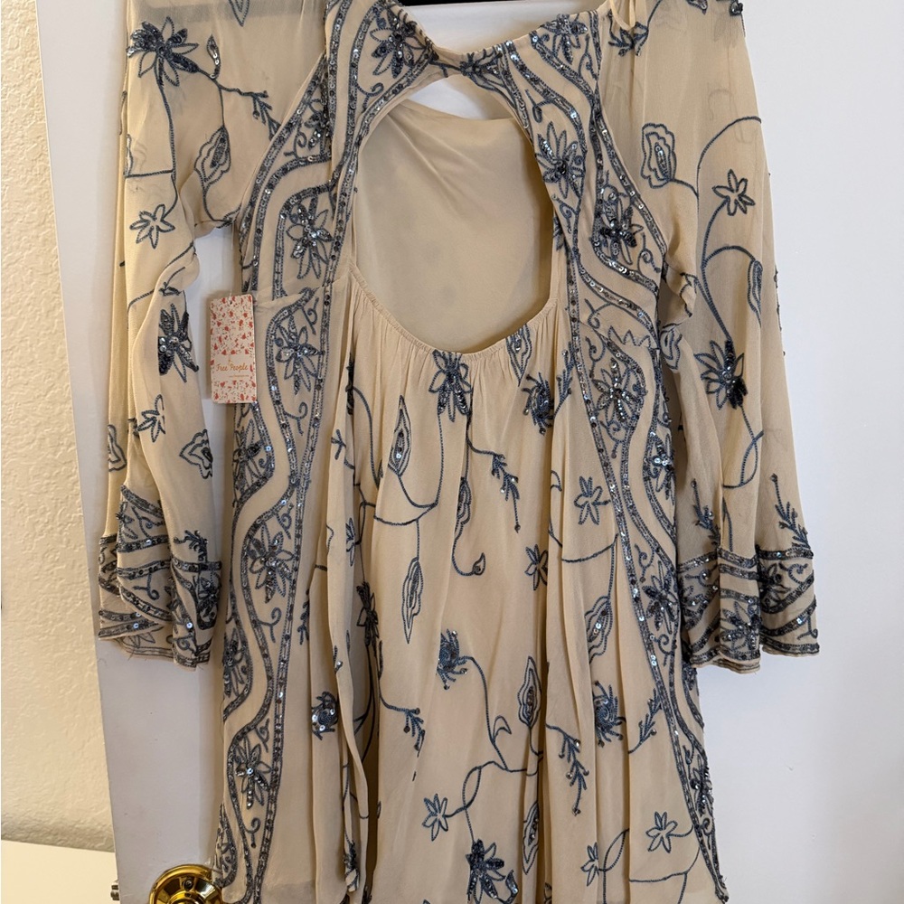 Free People Nude Dress with Navy Beaded Embroidery - Picture 6 of 9